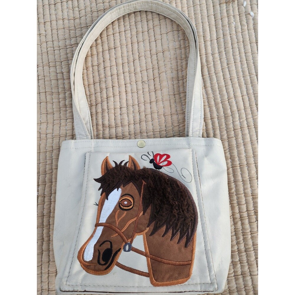 Vintage Bags by TJ Faux Leather Tote Bag Horse Head Butterfly Horseshoe Cream